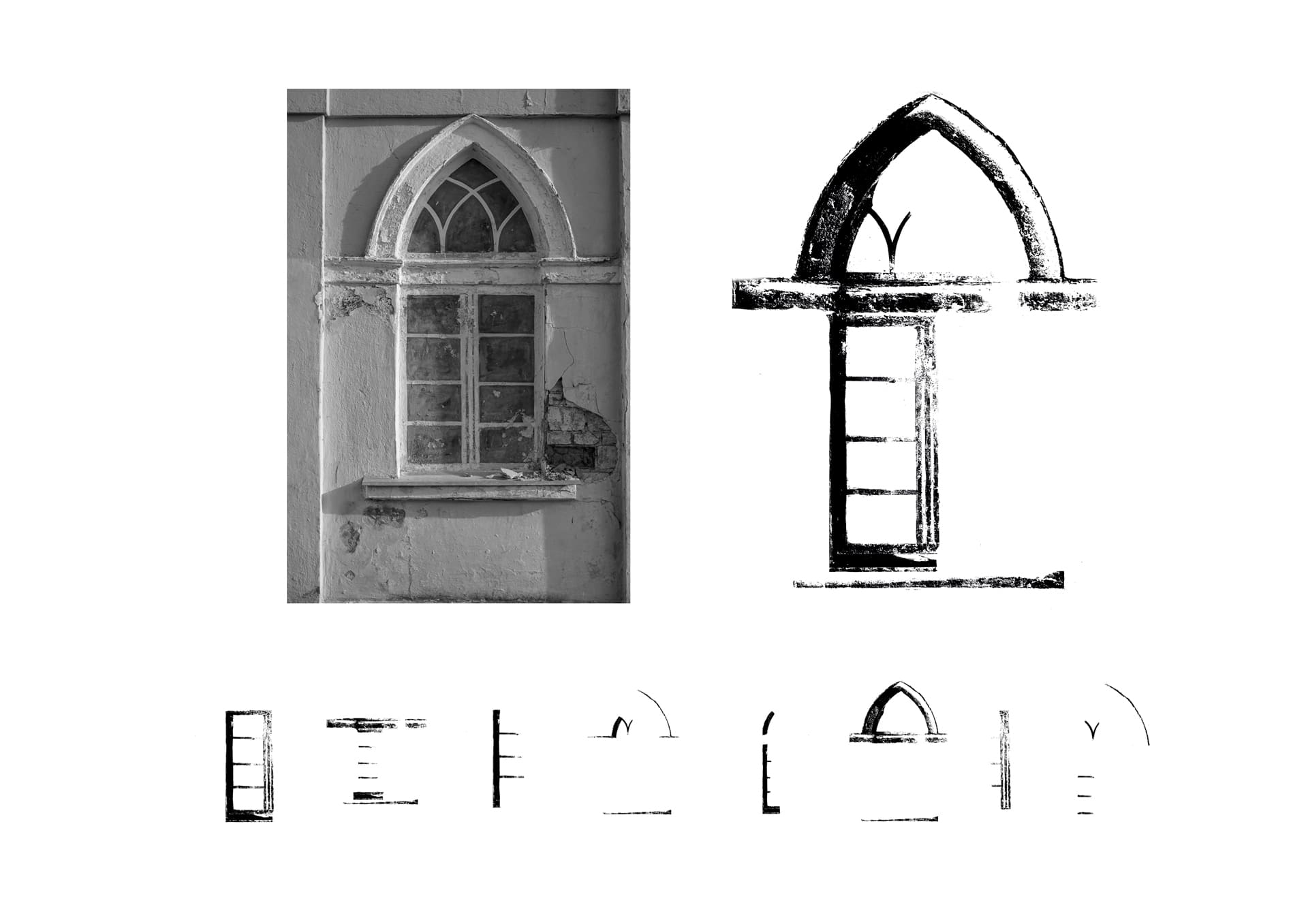 Black and white image showing a worn window with a pointed arch. Next to it, a sketched replication is broken into parts. The tone is nostalgic.