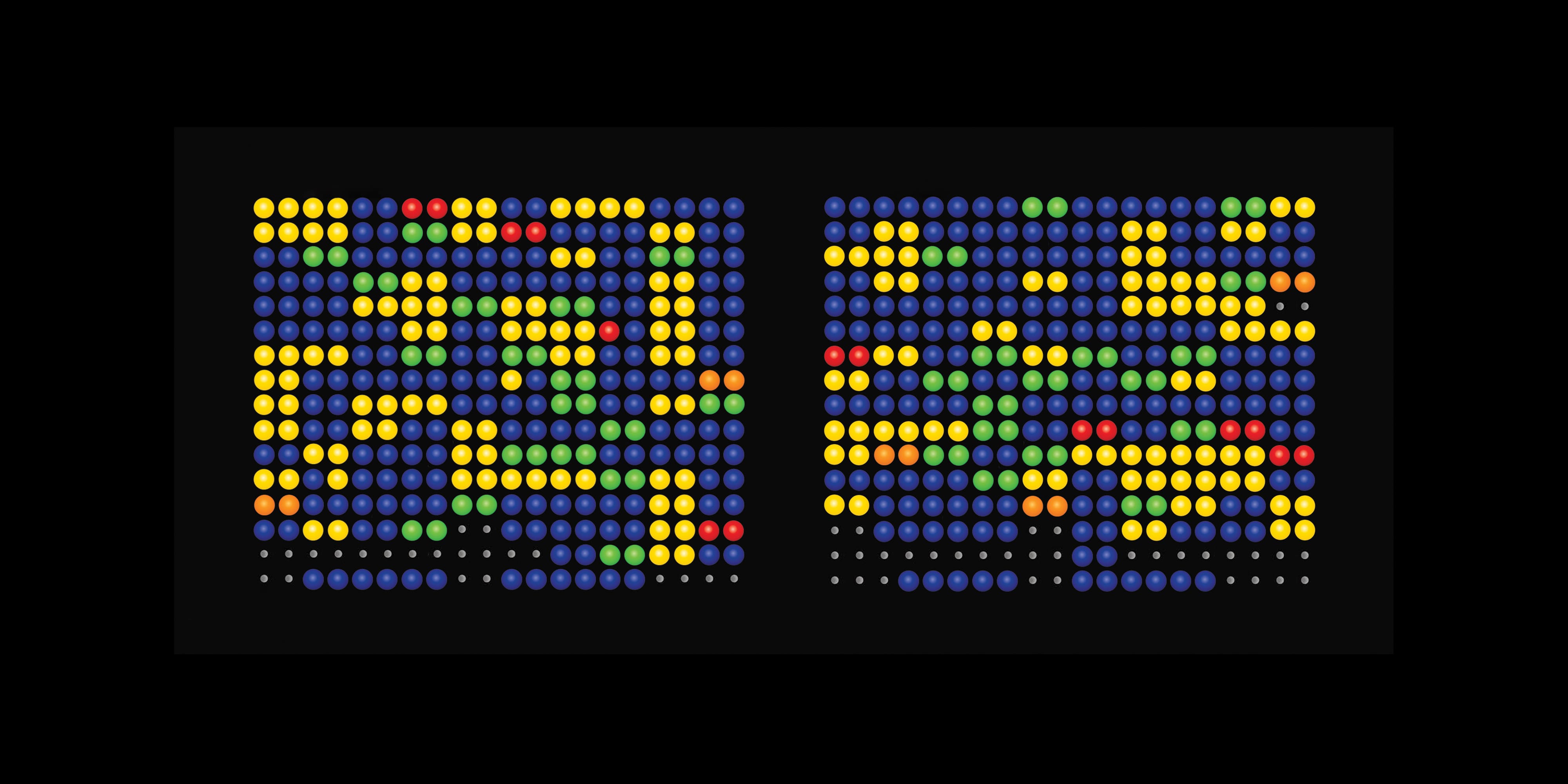 Two grids of colorful dots on black backgrounds. Both images have dots arranged in yellow, blue, green, red patterns.