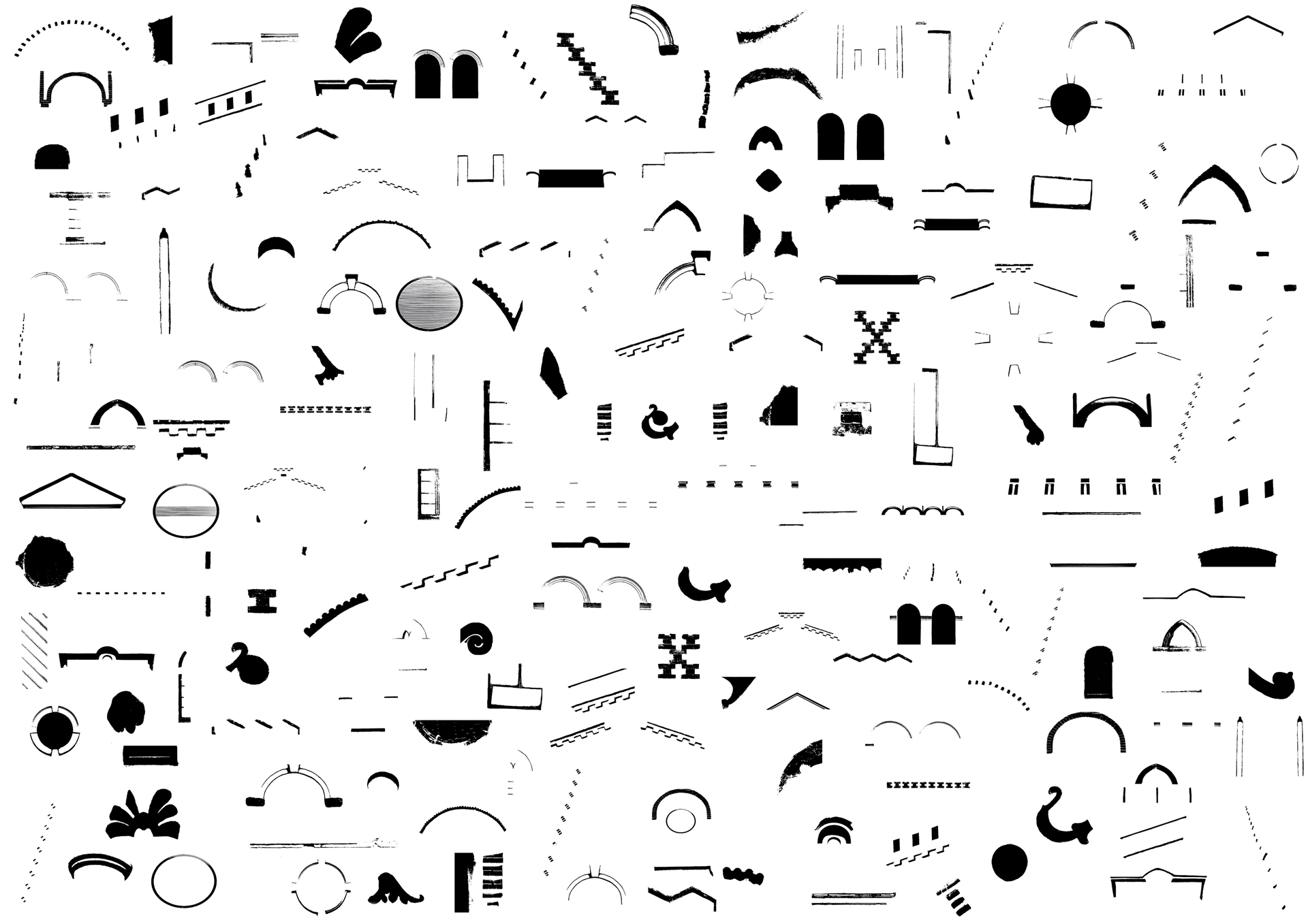 Abstract black and white artwork with various geometric shapes and architectural elements scattered randomly, creating a playful, chaotic pattern.