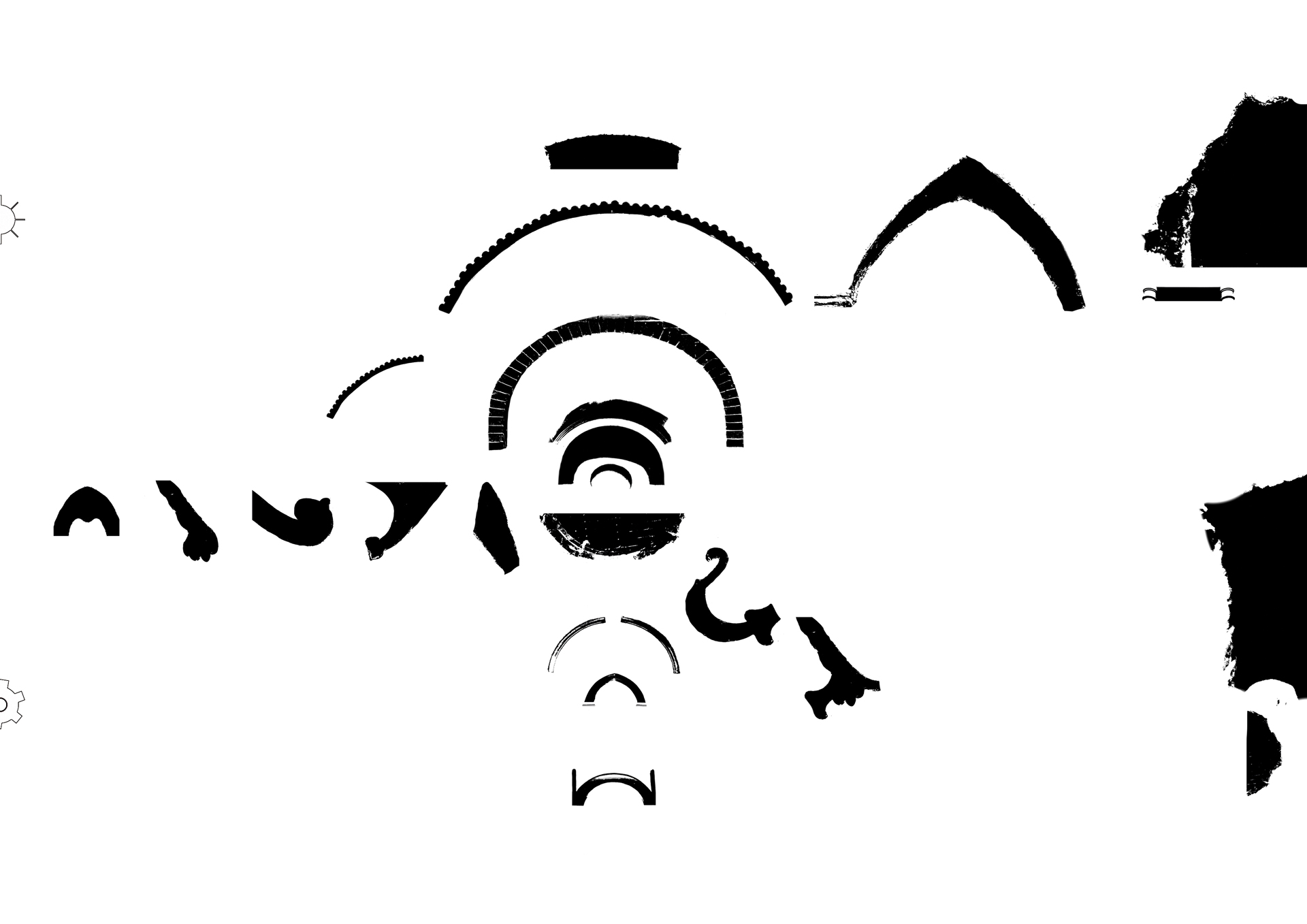 Abstract black shapes scattered randomly on a white background. The curved and angular forms create a sense of mystery and randomness.