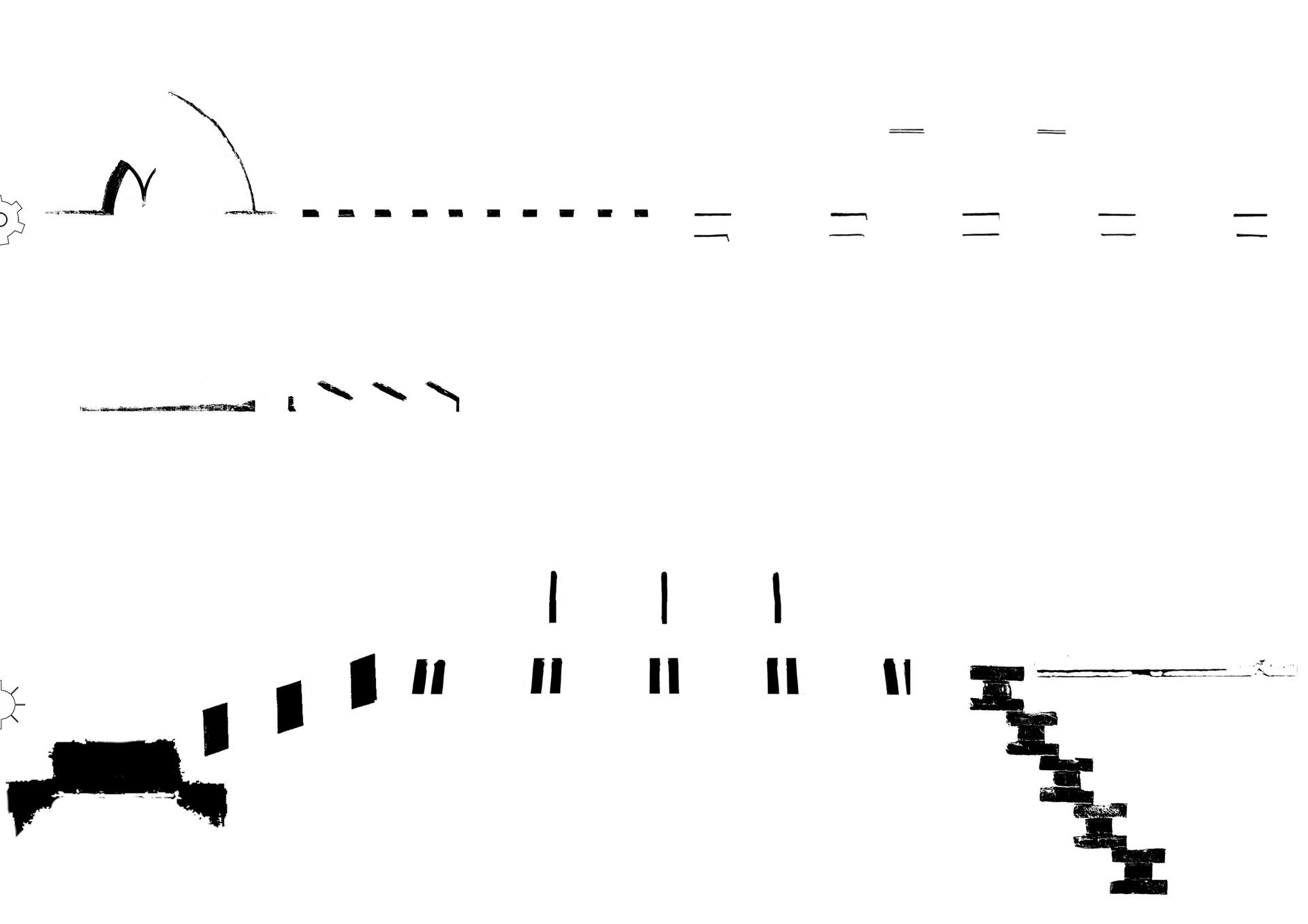 Abstract black shapes on a white background form a surreal landscape. Elements include geometric patterns, lines, and stairs, creating a sense of movement.