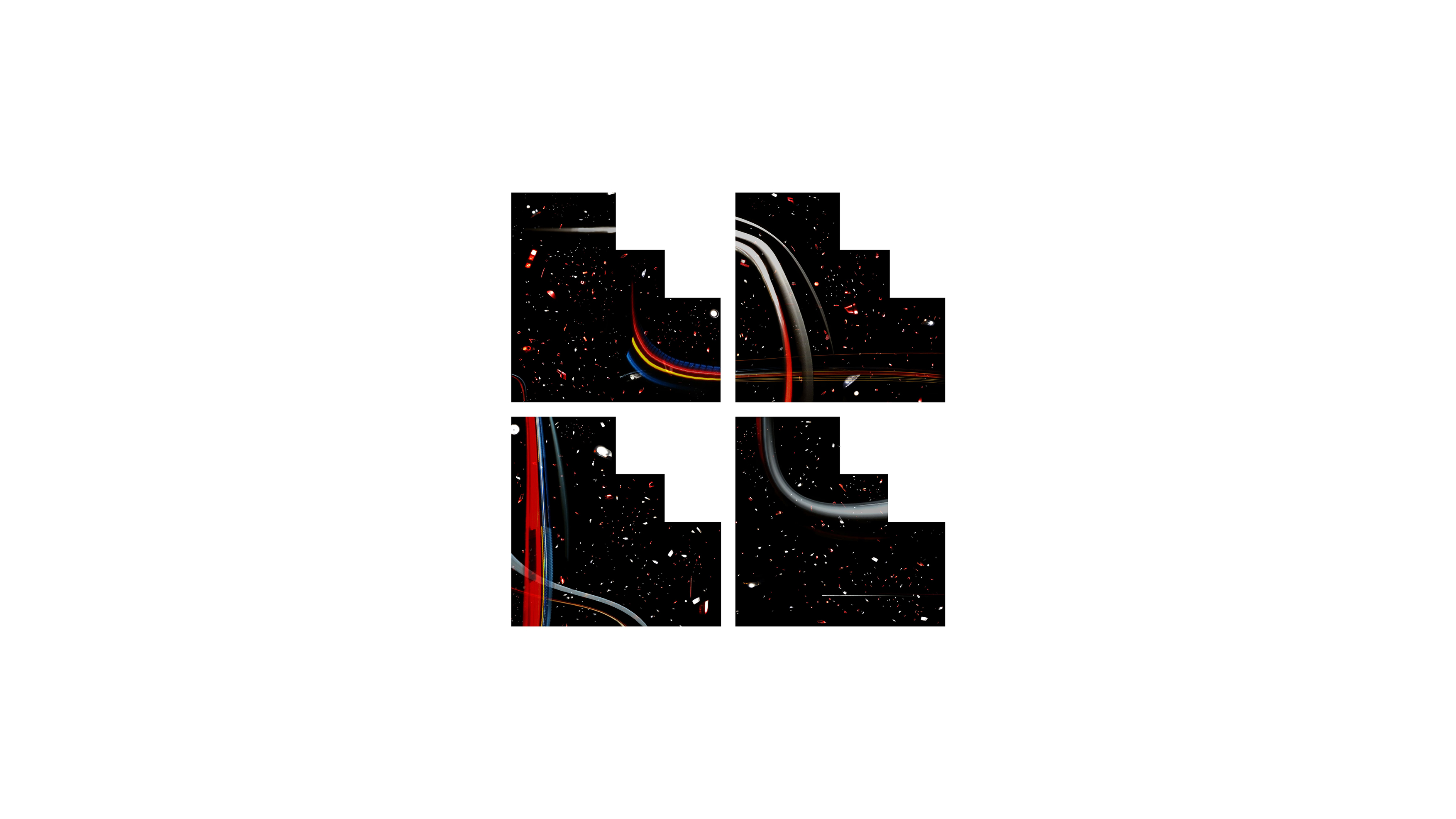 Abstract black background with four unevenly cut squares, each containing curved lines in red, white, and blue, resembling futuristic trails or light streaks.