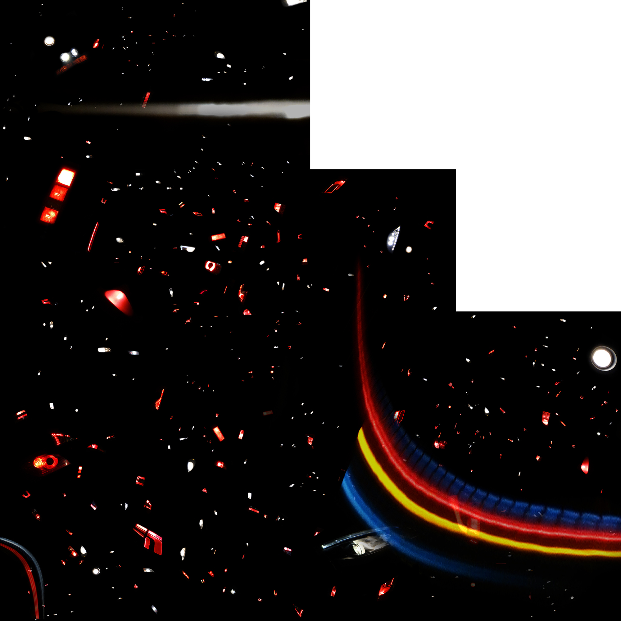 Abstract image with scattered red, white, and small blue lights against a dark background, creating a chaotic yet intriguing pattern. Bright curves suggest motion.