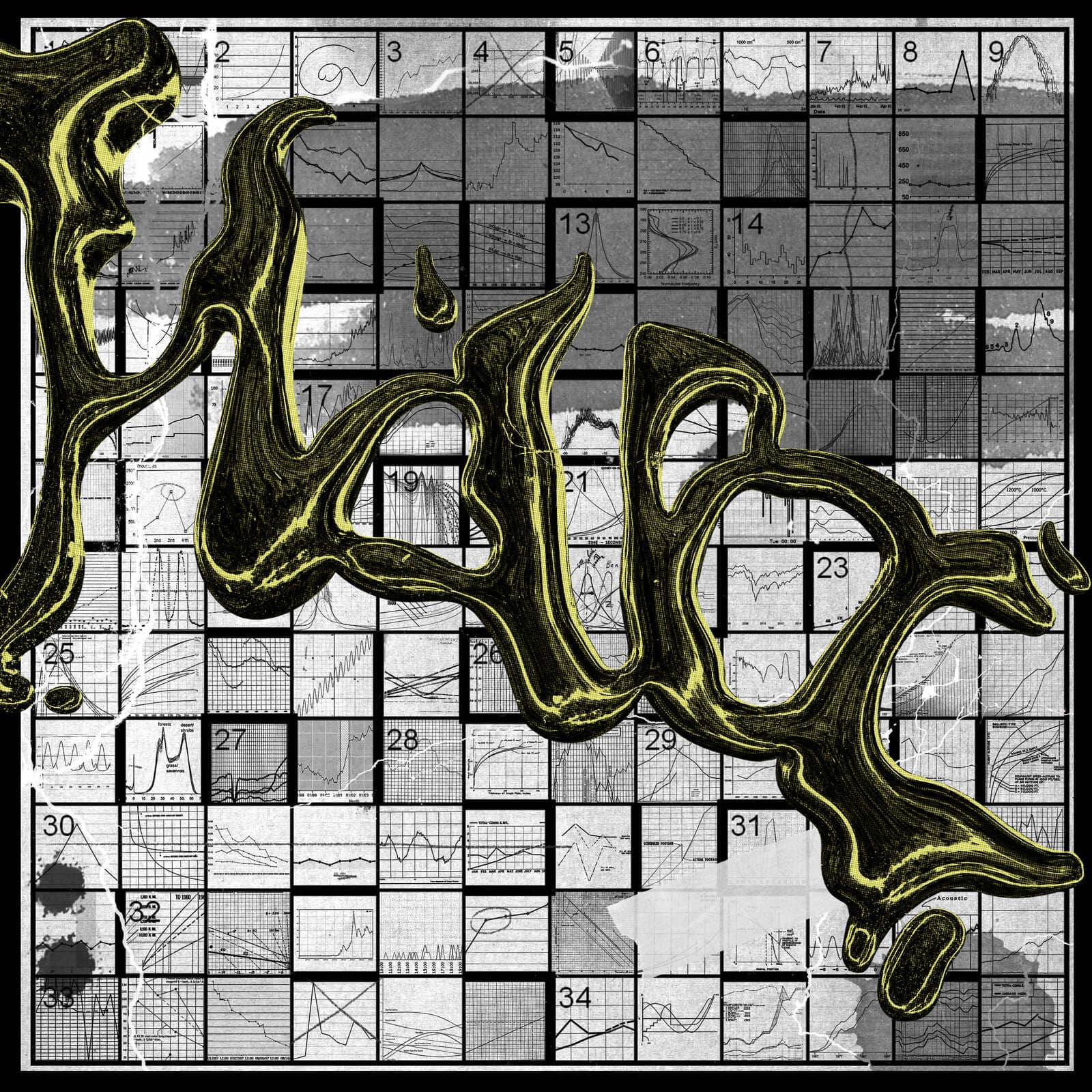Abstract artwork featuring a crossword puzzle grid with various line charts. A glossy, gold, fluid-like 3D text in the center portraying the word havoc, providing a surreal contrast.